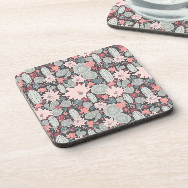 Succulent Plants And Cactus In Pink Pattern Beverage Coaster (Left Side)