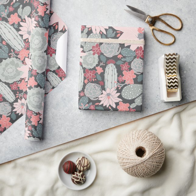 Succulent Plants And Cactus Pattern In Pink Mint Wrapping Paper (Crafts)