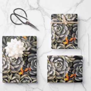 Succulent plants in gray and brown wrapping paper sheets
