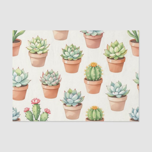 Succulent Plants Seamless Pattern Terracotta Pots Tissue Paper (Front)