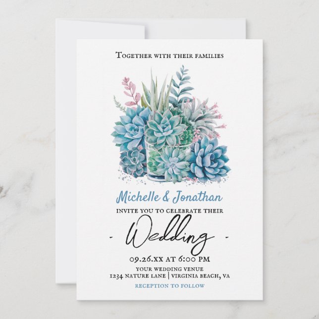 succulent plants watercolor wedding invitation (Front)