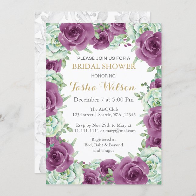 succulent plum roses Bridal Shower Invite (Front/Back)