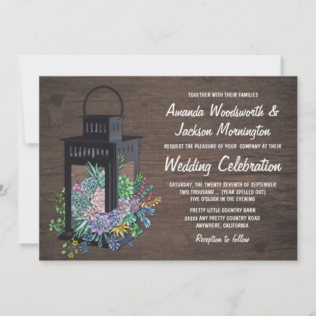 Succulent Rustic Wood Lantern Wedding Invitations (Front)