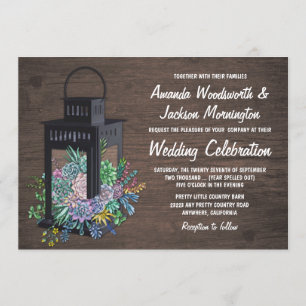 Succulent Rustic Wood Lantern Wedding Invitations