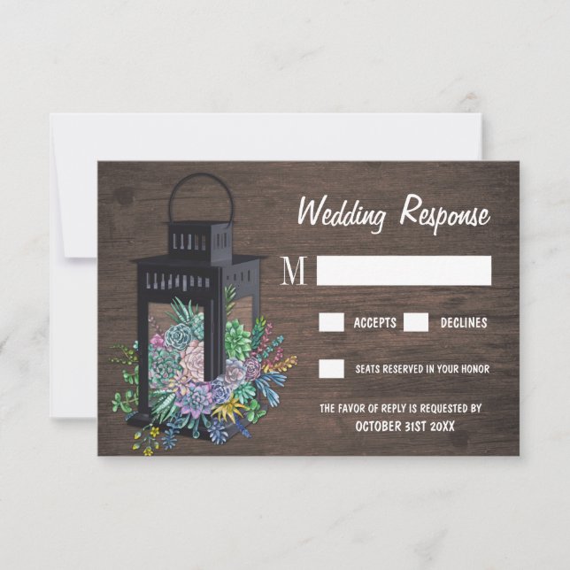 Succulent Rustic Wood Lantern Wedding RSVP Cards (Front)
