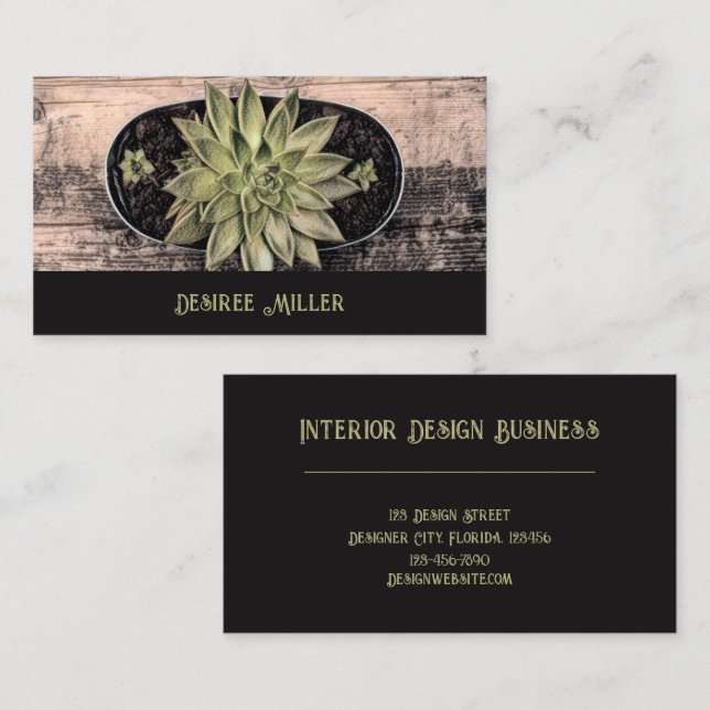 Succulent Rustic Wood Vintage Green Black Business Card (Front/Back)
