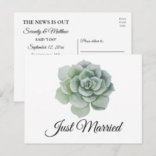 Succulent Sage Green Rustic Floral Just Married Announcement Postcard