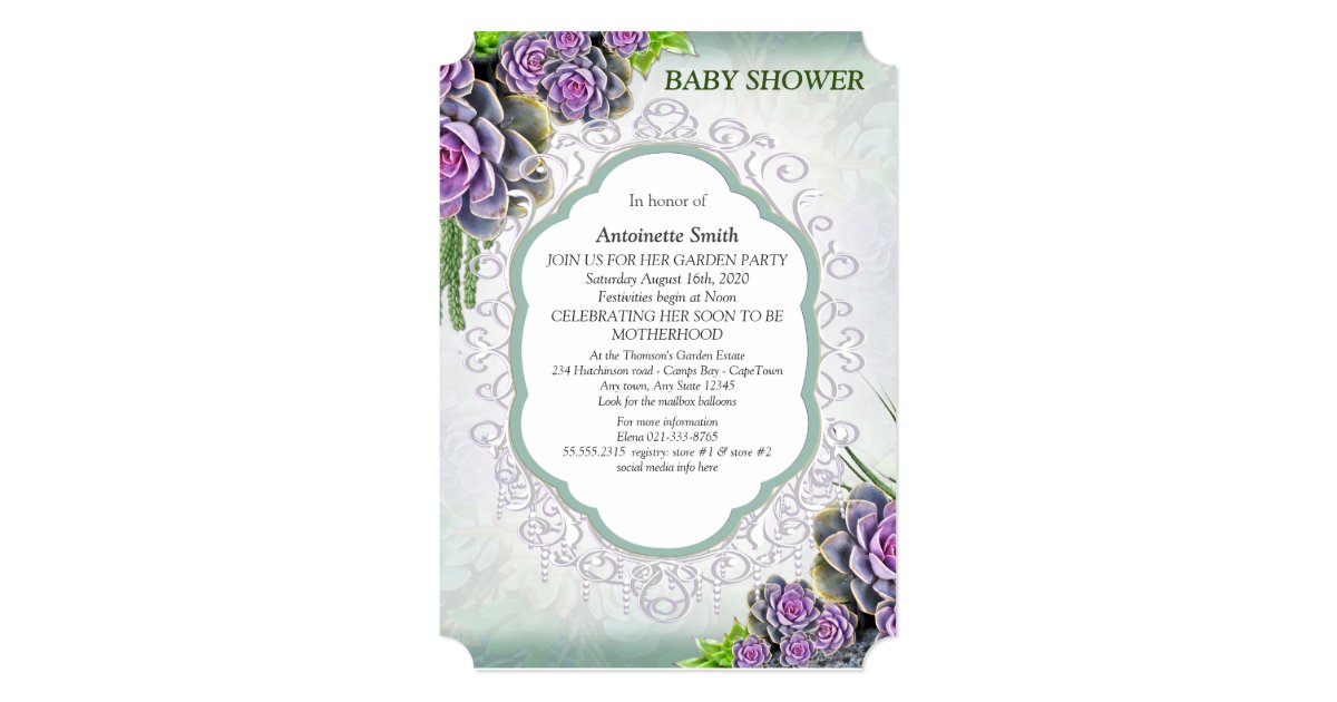 Succulent Sea Green Violet Bouquet Baby Shower Invitation Zazzle