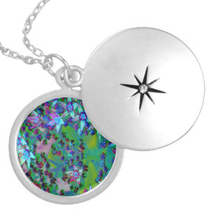 Succulent Sedum Flowers in Aqua, Purple and Blue Locket Necklace