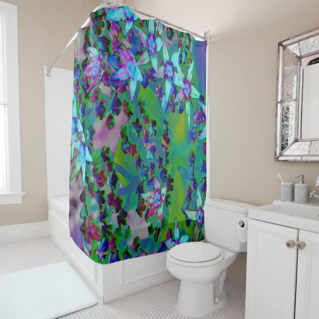 Succulent Sedum Flowers in Aqua, Purple and Blue Shower Curtain (In Situ)