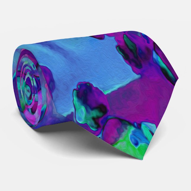 Succulent Sedum Flowers in Teal, Magenta and Blue Neck Tie (Rolled)