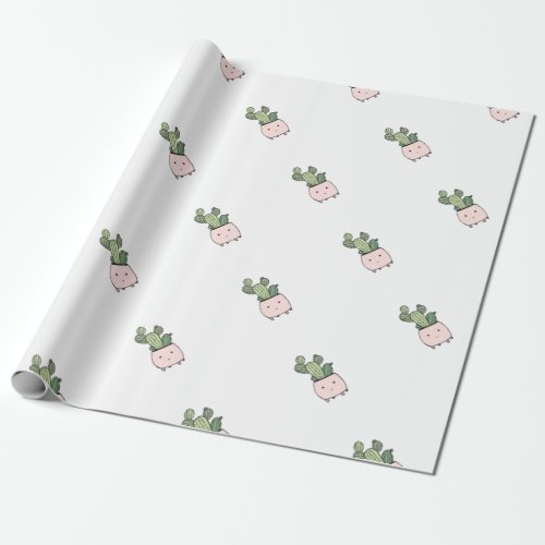 Succulent smiling cactus in pink flowerpot wrapping paper