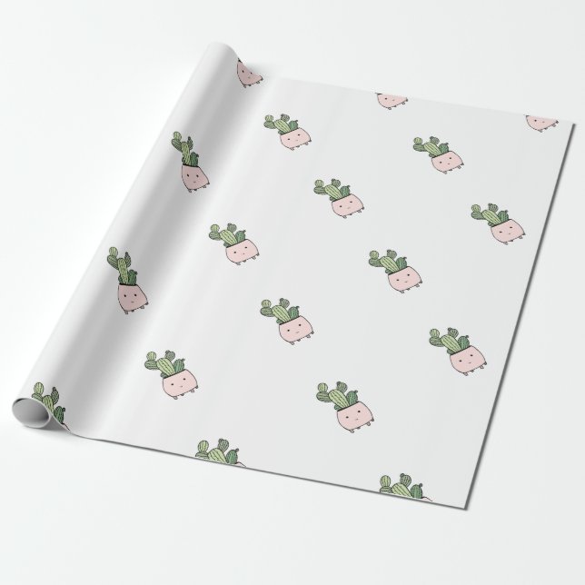 Succulent smiling cactus in pink flowerpot wrapping paper (Unrolled)