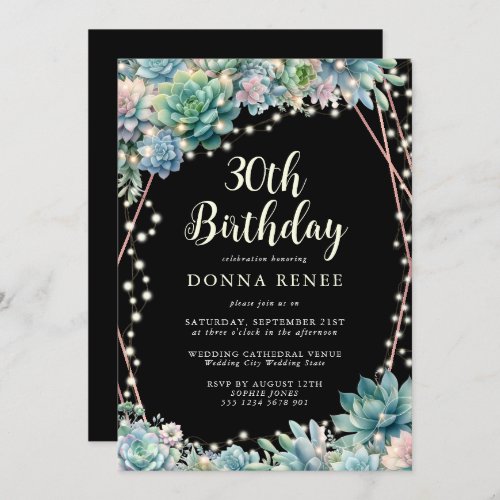 Succulent String Lights Black 30th Birthday Invitation