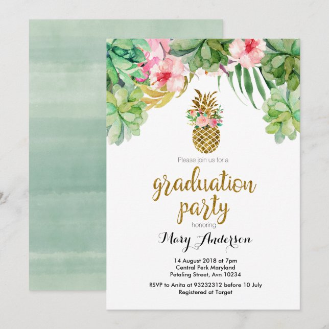 Succulent summer graduation party invitation (Front/Back)