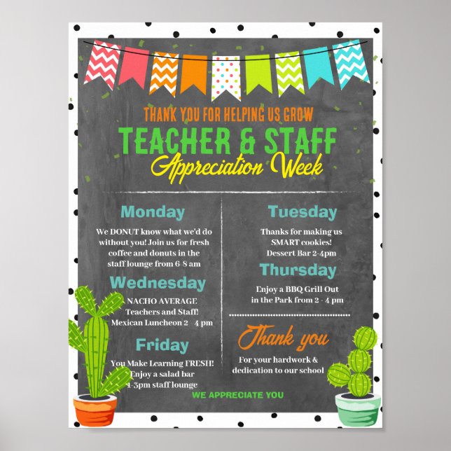 Succulent Teacher Appreciation Week Itinerary Poster (Front)