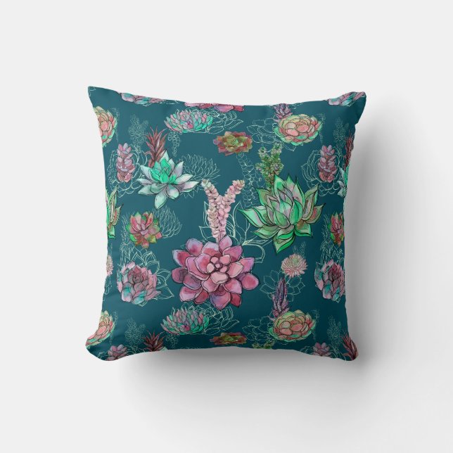 Succulent Teal Turquoise Pattern Throw Pillow (Front)