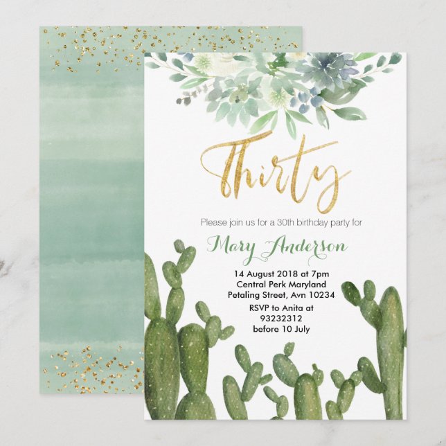 Succulent Thirty 30th Birthday Invitation cactus (Front/Back)