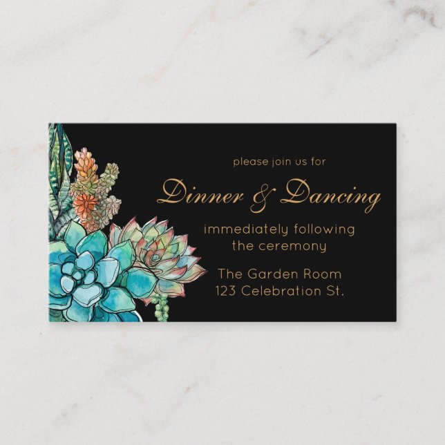 Succulent Watercolor, black Reception Enclosure Card (Front)