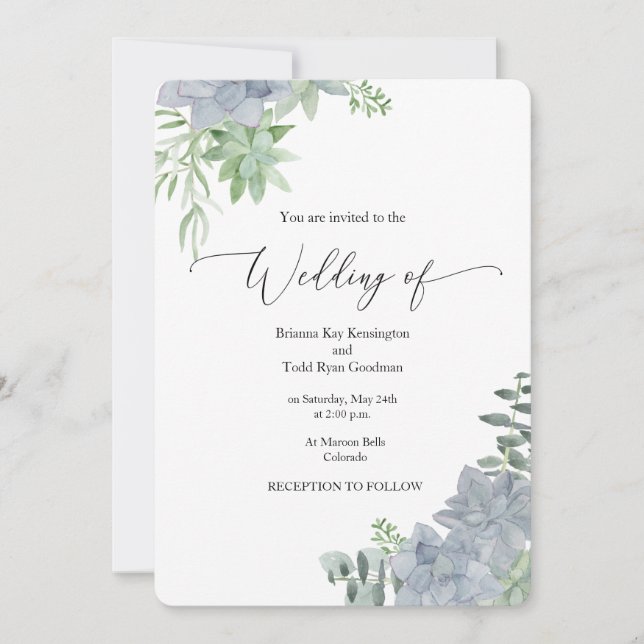 Succulent Watercolor Botanical Wedding Invitation. Invitation (Front)