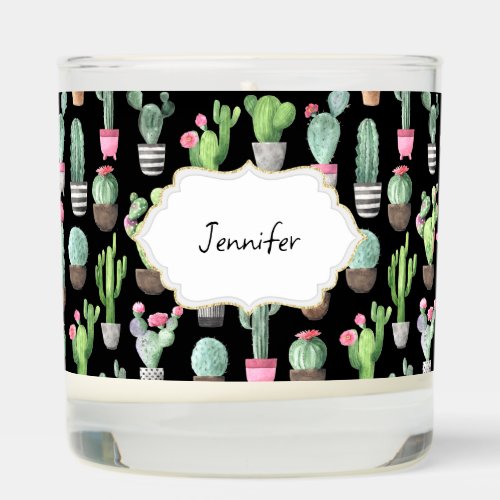 Succulent watercolor cactus pattern on black name scented candle