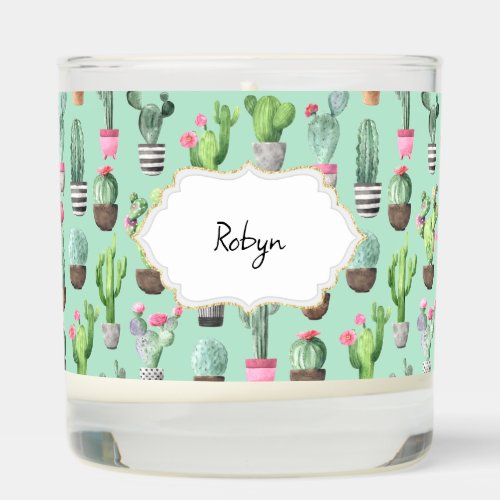 Succulent watercolor cactus pattern on mint name scented candle