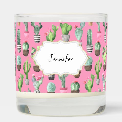 Succulent watercolor cactus pattern pink name scented candle
