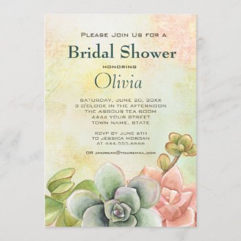 Succulent Watercolor Floral Bridal Shower Invitation by SpiceTree_Weddings at Zazzle