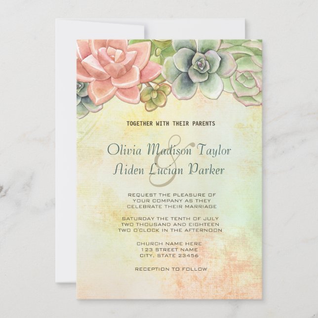 Succulent Watercolor Floral Wedding Invitation (Front)