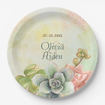 Succulent Watercolor Floral Wedding Paper Plates by SpiceTree_Weddings at Zazzle