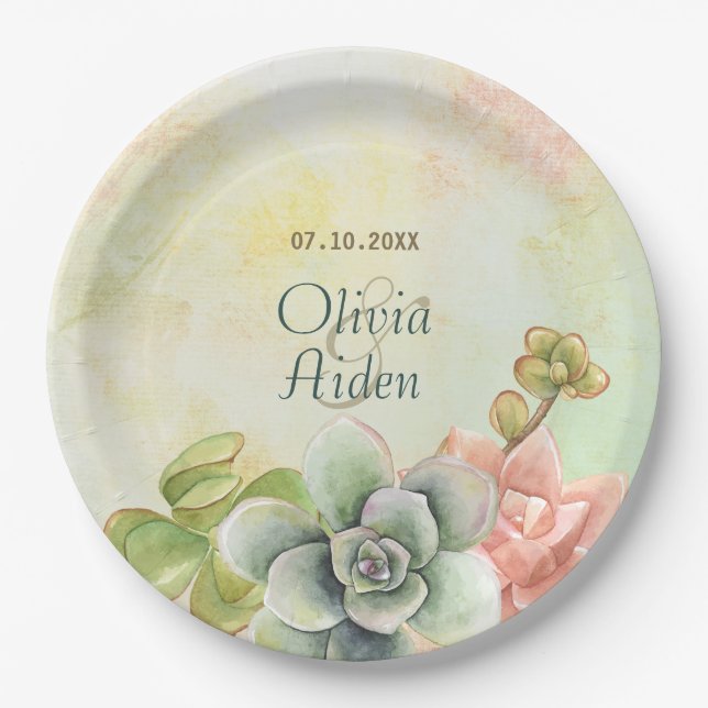 Succulent Watercolor Floral Wedding Paper Plates (Front)