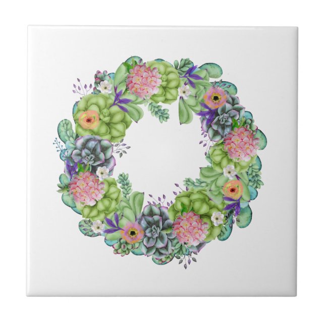 Succulent Watercolor Floral Wreath Ceramic Tile (Front)