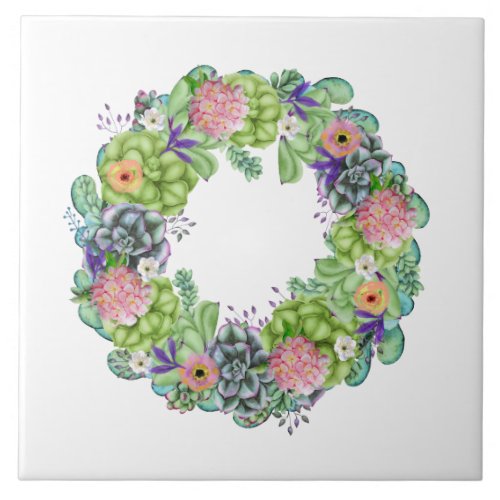 Succulent Watercolor Floral Wreath Ceramic Tile