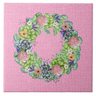 Succulent Watercolor Floral Wreath on Pink Ceramic Tile