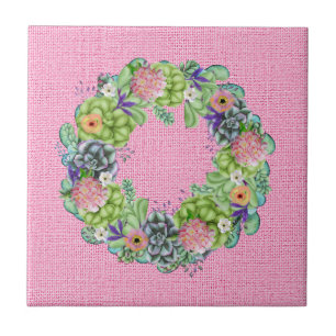 Succulent Watercolor Floral Wreath on Pink Ceramic Tile