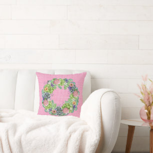 Succulent Watercolor Floral Wreath on Pink Throw Pillow