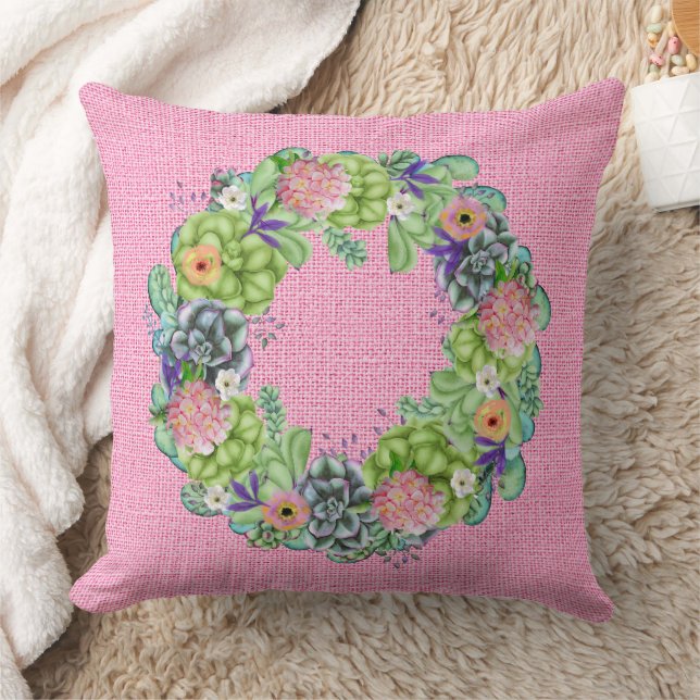 Succulent Watercolor Floral Wreath on Pink Throw Pillow (Blanket)