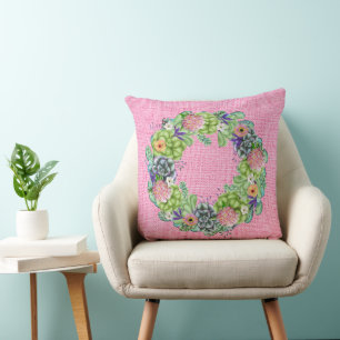 Succulent Watercolor Floral Wreath on Pink Throw Pillow