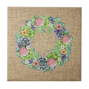 Succulent Watercolor Floral Wreath on Tan Ceramic Tile