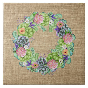 Succulent Watercolor Floral Wreath on Tan Ceramic Tile