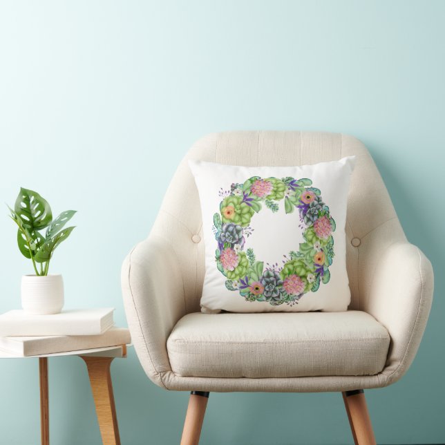 Succulent Watercolor Floral Wreath Throw Pillow (Chair)