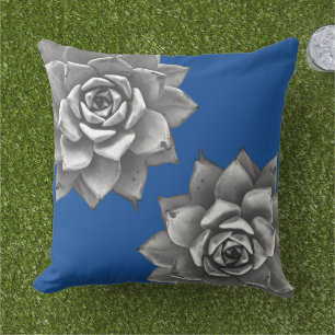 Succulent Watercolor Gray on Blue Outdoor Pillow