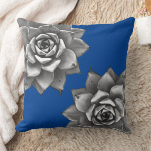 Succulent Watercolor Gray on Blue Throw Pillow