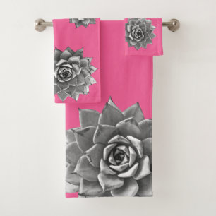 Succulent Watercolor Gray on Hot Pink Bath Towel Set