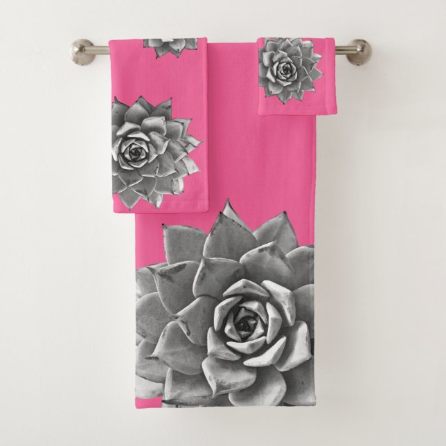 Succulent Watercolor Gray on Hot Pink Bath Towel Set (Insitu)
