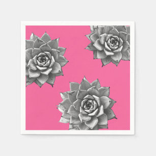 Succulent Watercolor Gray on Hot Pink Napkins