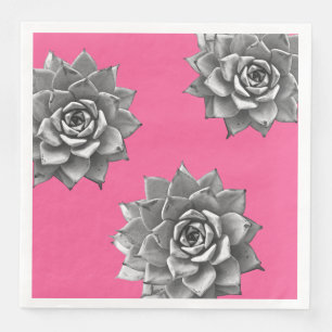 Succulent Watercolor Gray on Hot Pink Paper Dinner Napkins