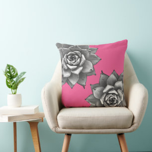 Succulent Watercolor Gray on Hot Pink Throw Pillow