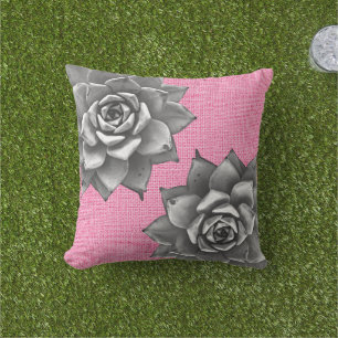 Succulent Watercolor Gray on Pink Outdoor Pillow