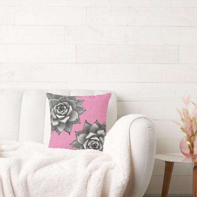 Succulent Watercolor Gray on Pink Throw Pillow (Couch)